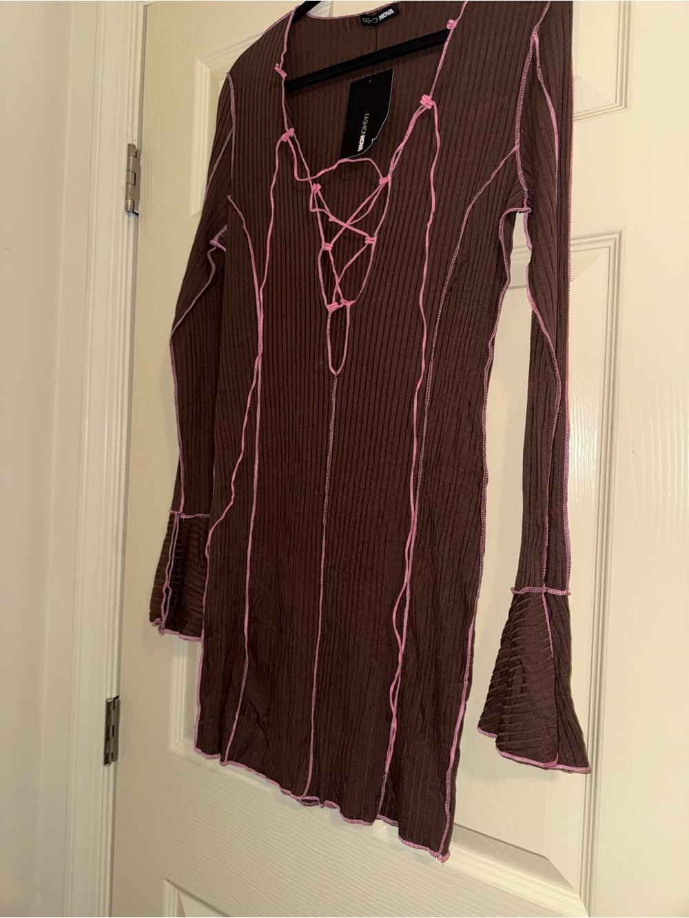 Fashion Nova Brown Ribbed Long-Sleeve Lace-Up Dress with Pink Accents